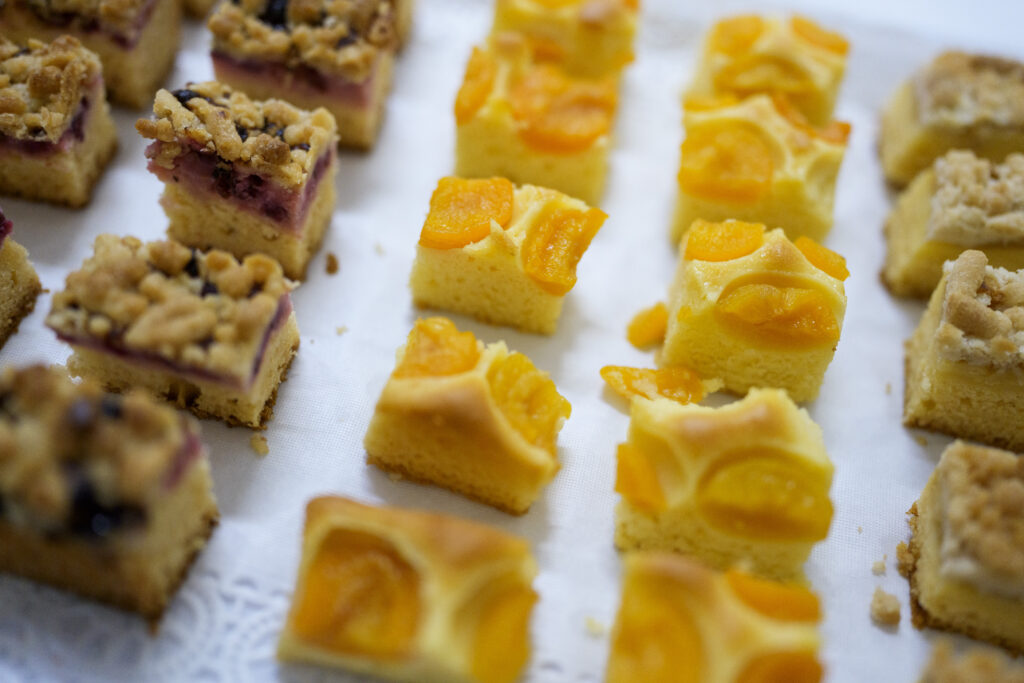 Kleine Stücke zwei verschiedener Obstkuchenarten.